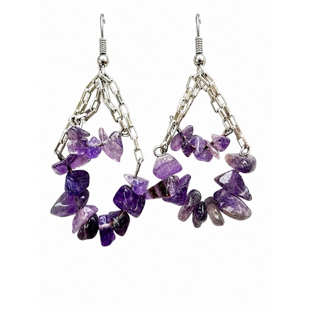 Vintage Amethyst Chip Dangle Earrings Silver Tone Chain Teardrop Boho Statement